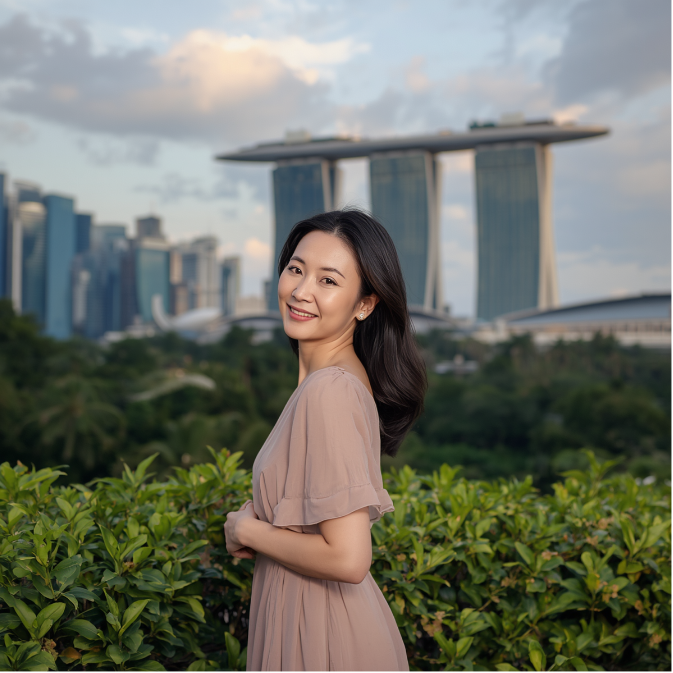 Asian woman with the Marina Bay skyline in Singapore